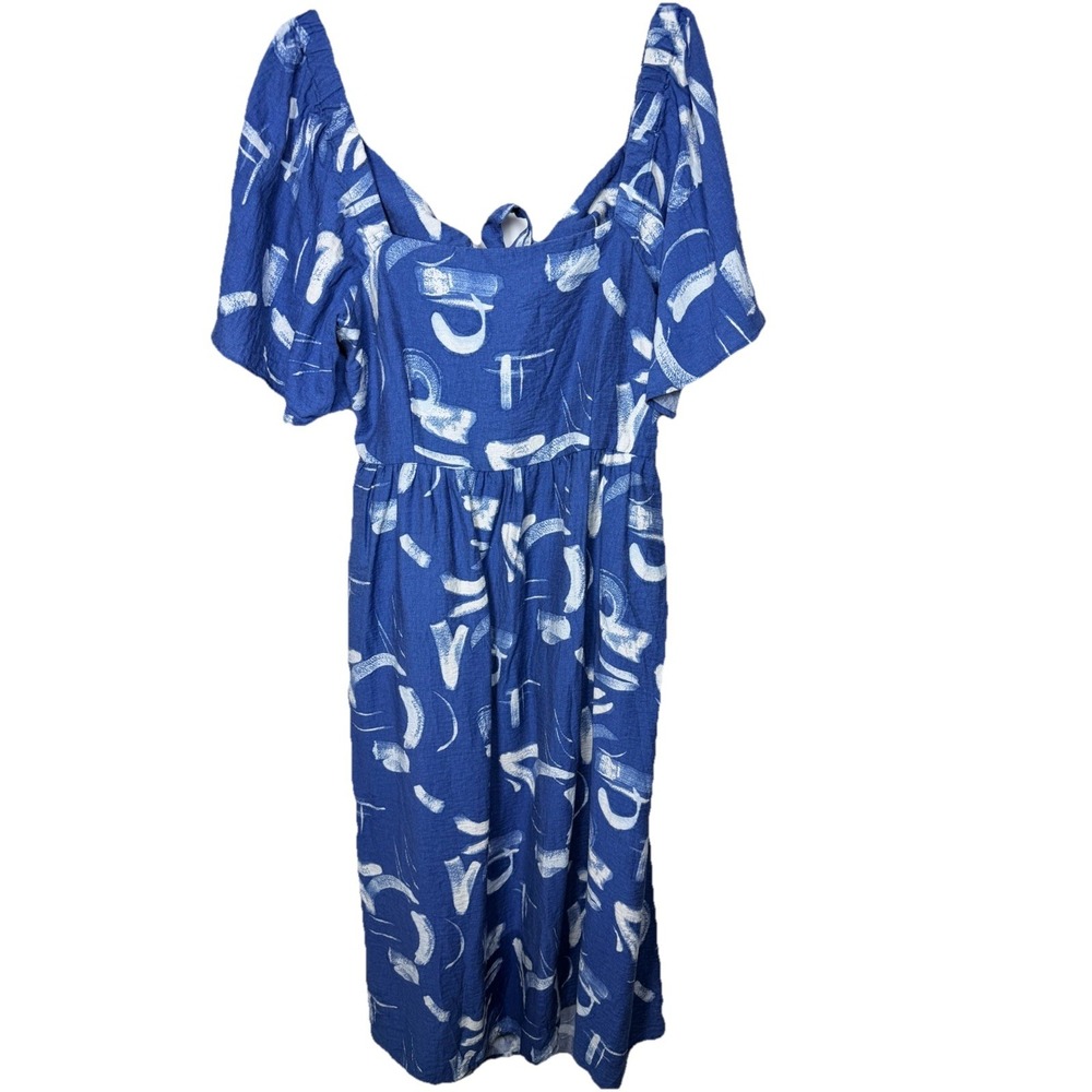 A New Day Blue Abstract Midi Dress Womens XL Puffβ Sleeve Tie Back Cottagecore